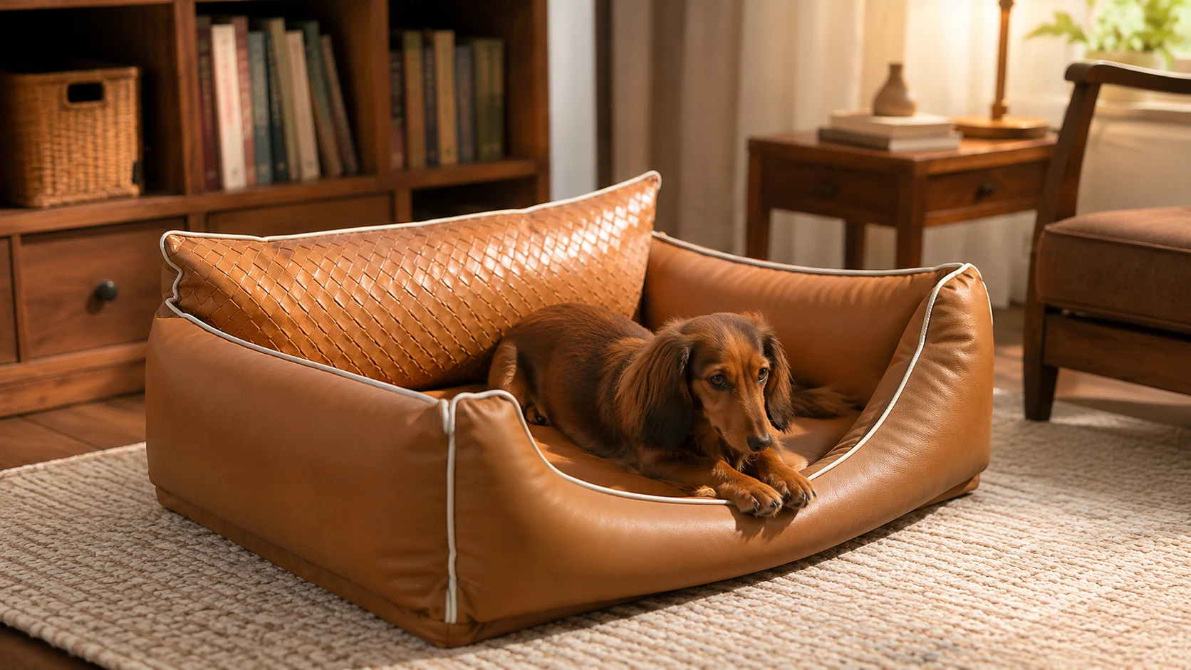 Luxury Faux Leather Dog Bed · Adjustable Button Straps · GuardHound DOG