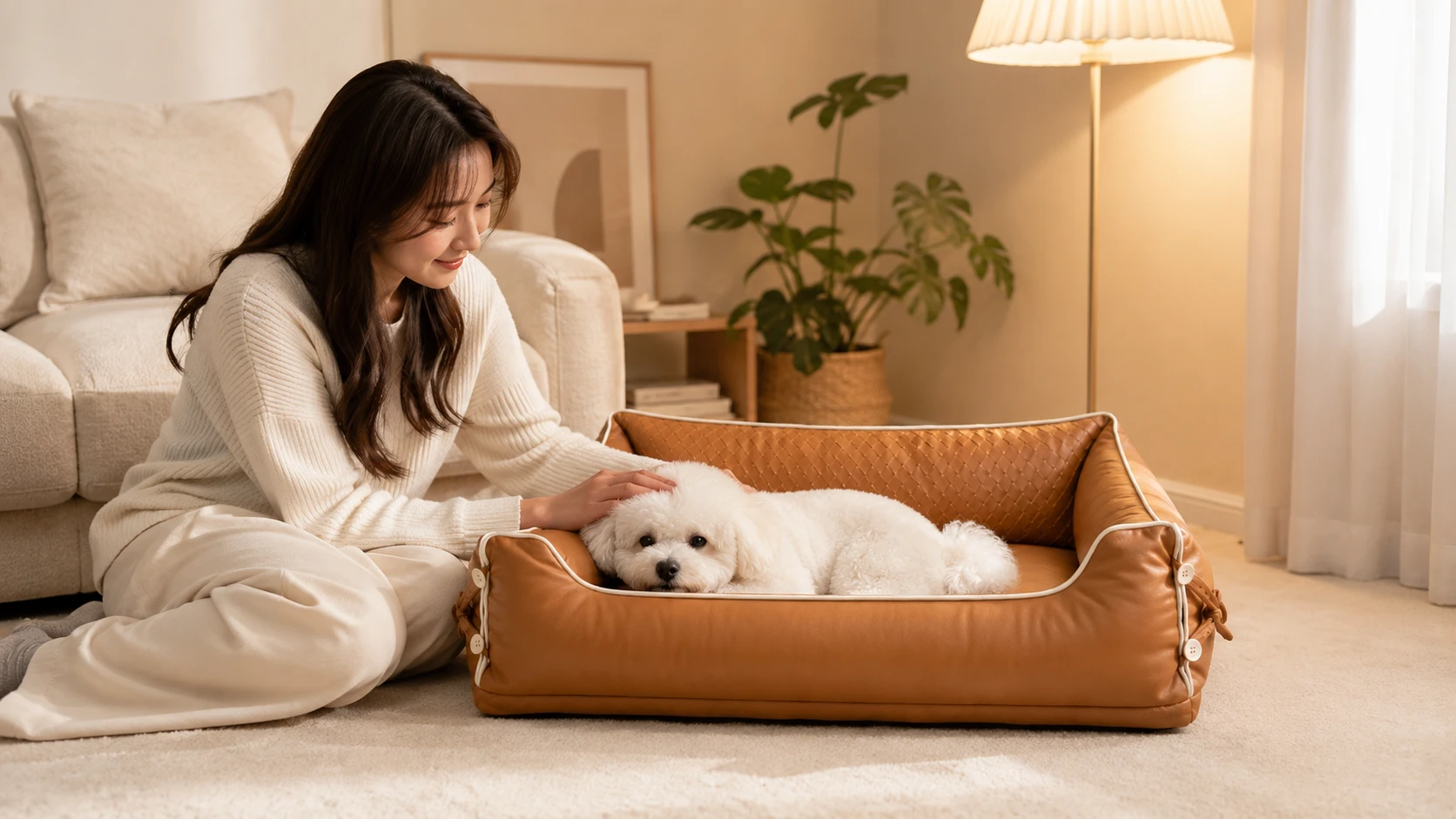 Luxury Faux Leather Dog Bed · Morning Golden Retriever · GuardHound DOG