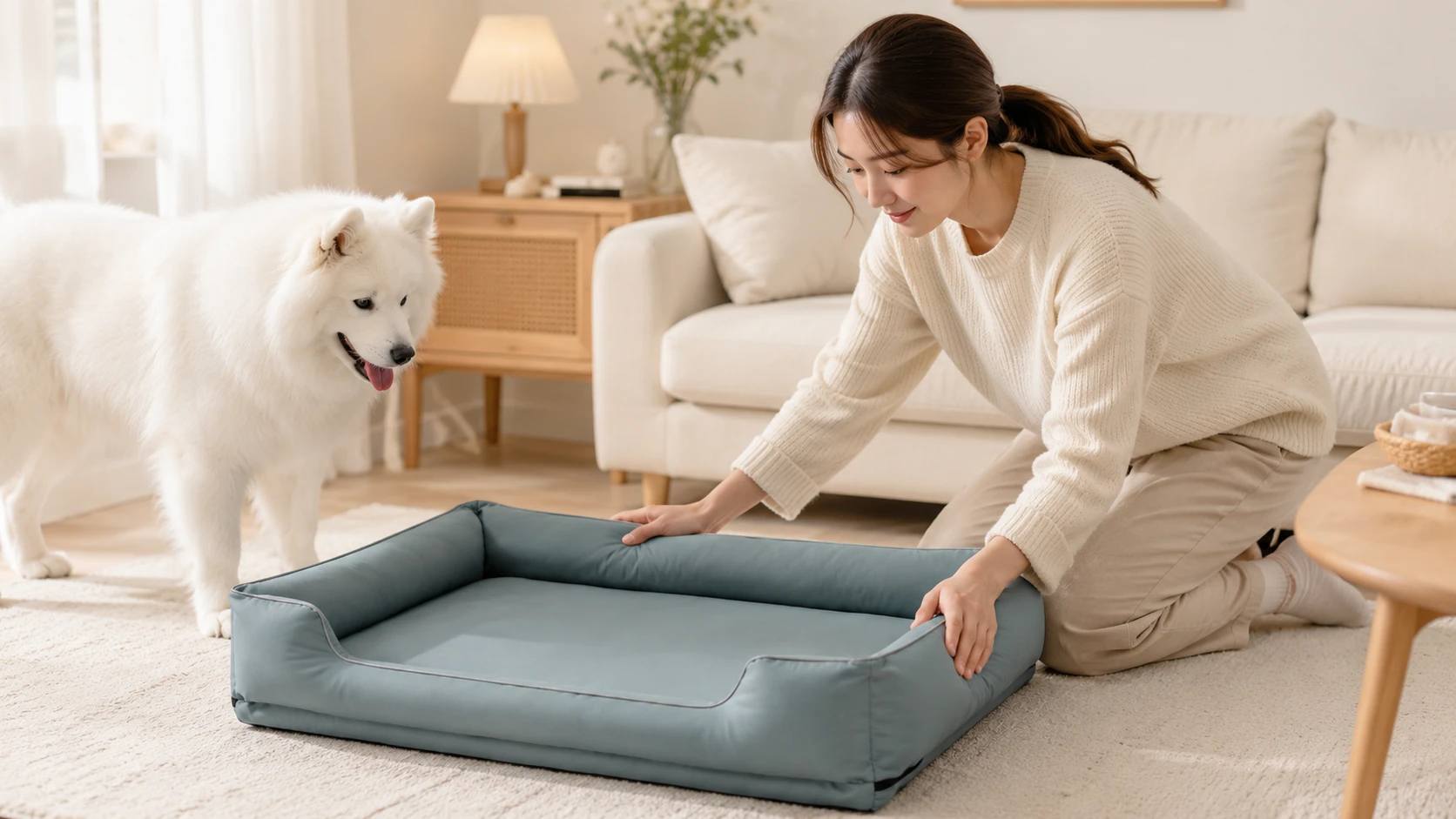 CozyNest Orthopedic Pet Lounger Bed · Sunny Living Room · GuardHound DOG