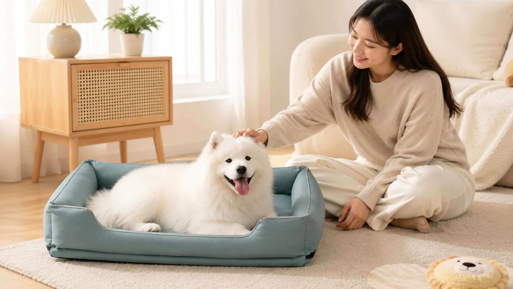 CozyNest Orthopedic Pet Lounger Bed · Cozy Bedroom Morning · GuardHound DOG