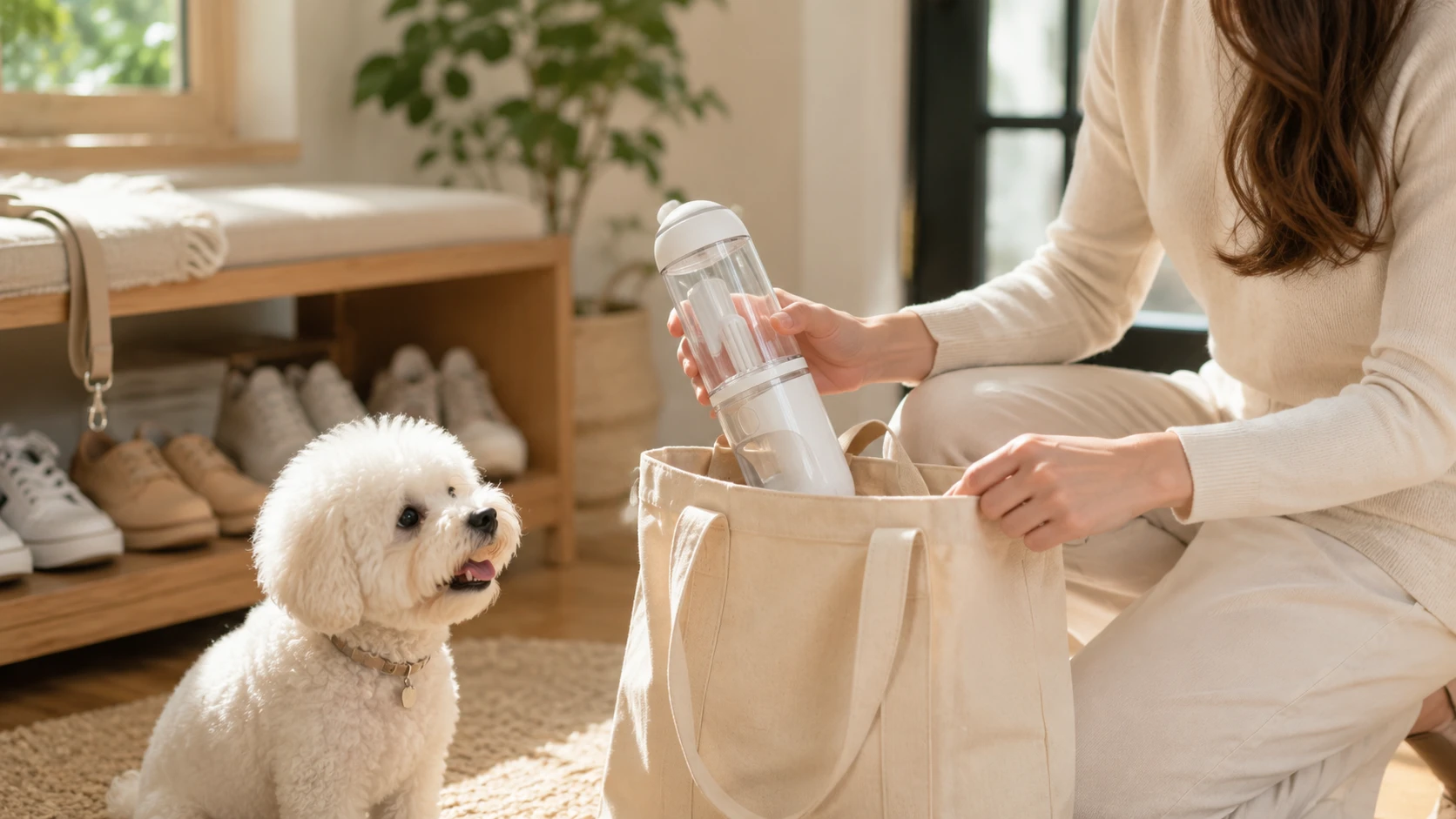 GuardHound Portable Dog Water Bottle with Paw Press · Relaxing by the Window · GuardHound DOG