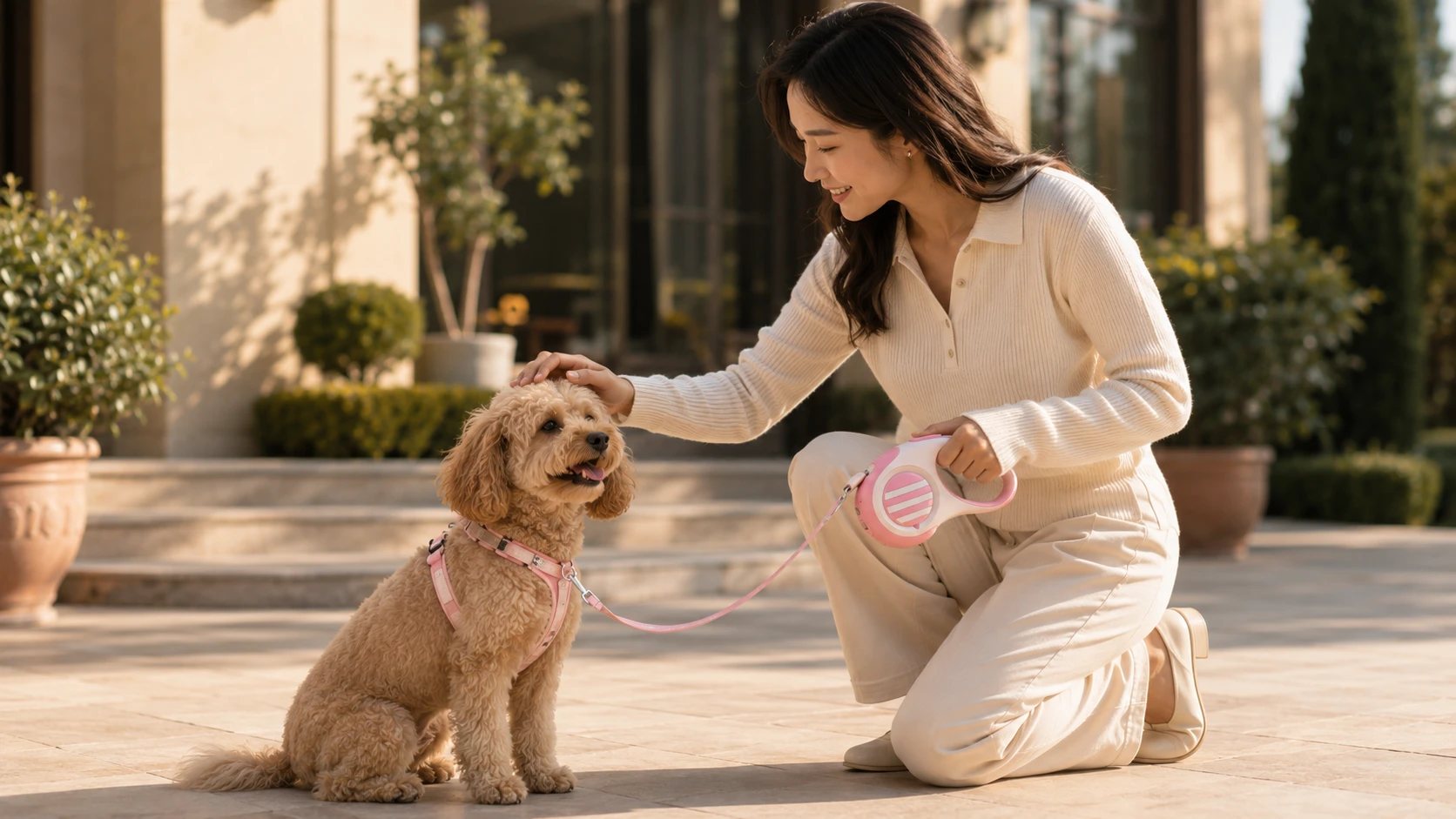 Retractable Dog Leash with One-Button Brake · Evening Garden Adventure · GuardHound DOG