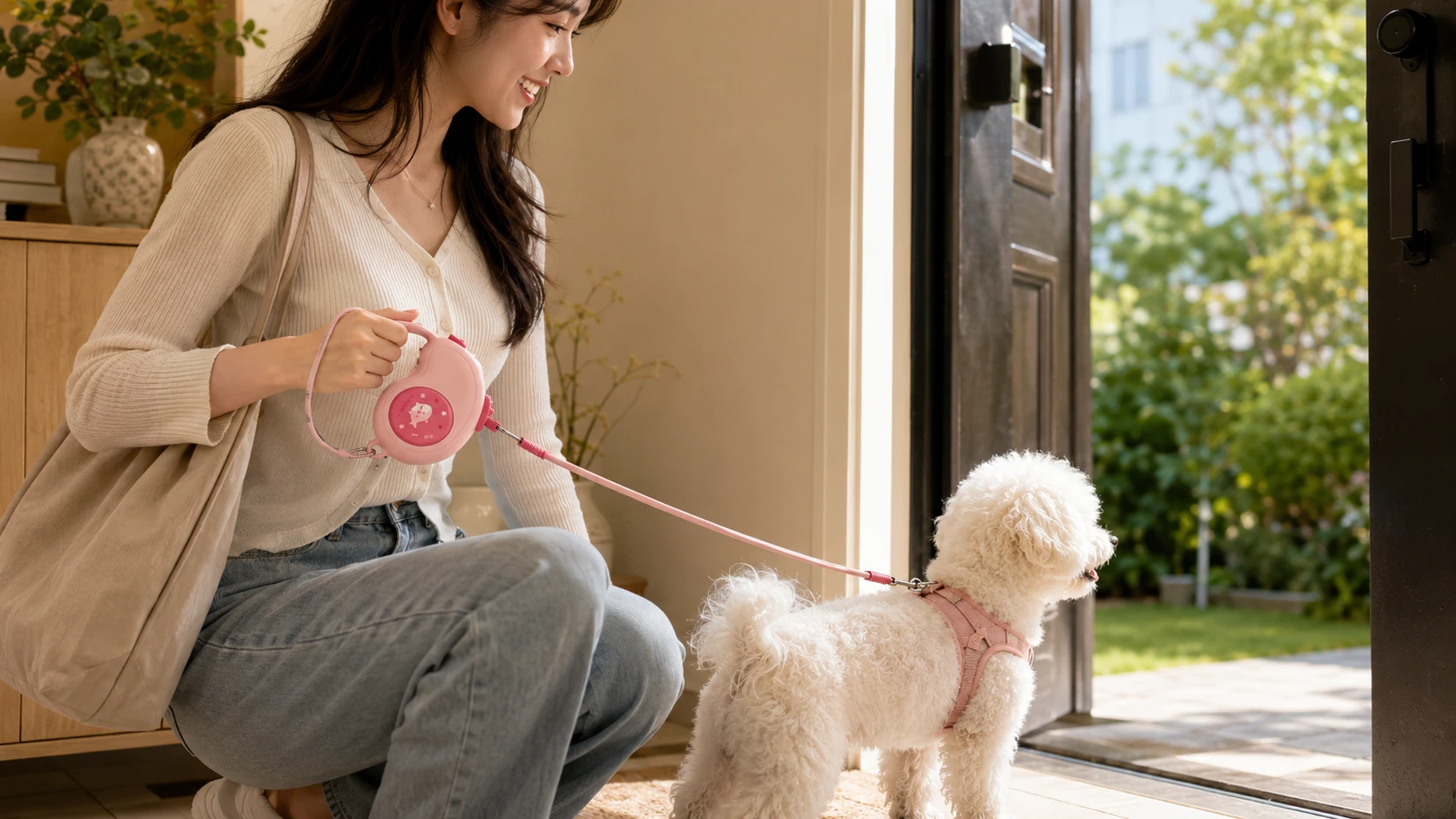 White Shark Auto Retractable Dog Leash · Apartment Entryway Scene · GuardHound DOG