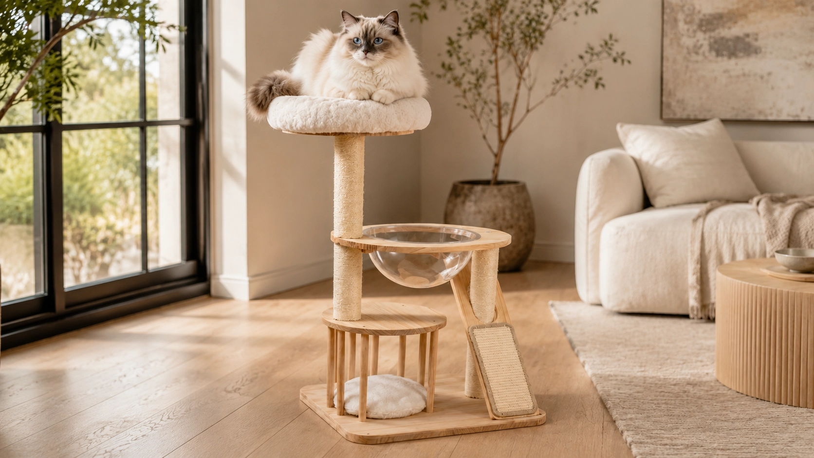 Rubberwood Cat Tree with Sisal Rope & Plush Perches · Natural Rubberwood · GuardLynx