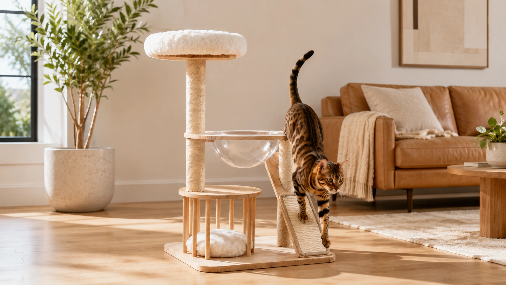 Rubberwood Cat Tree with Sisal Rope & Plush Perches · Sisal Rope Wrapped · GuardLynx
