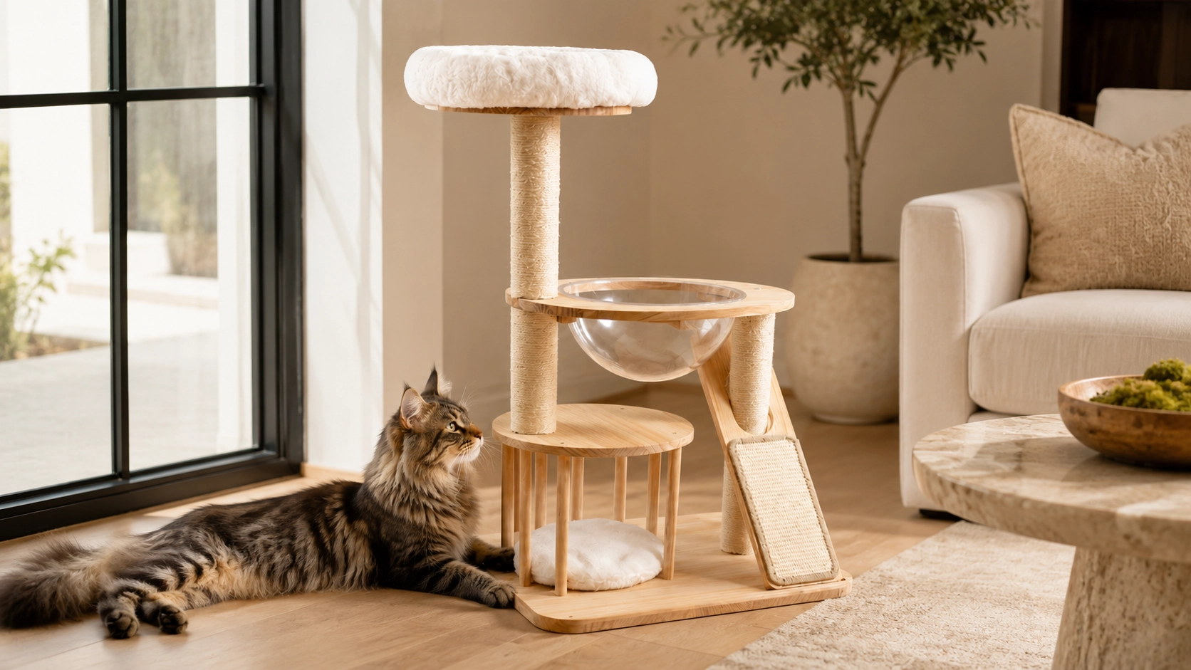 Rubberwood Cat Tree with Sisal Rope & Plush Perches · Plush Cushioned Perches · GuardLynx