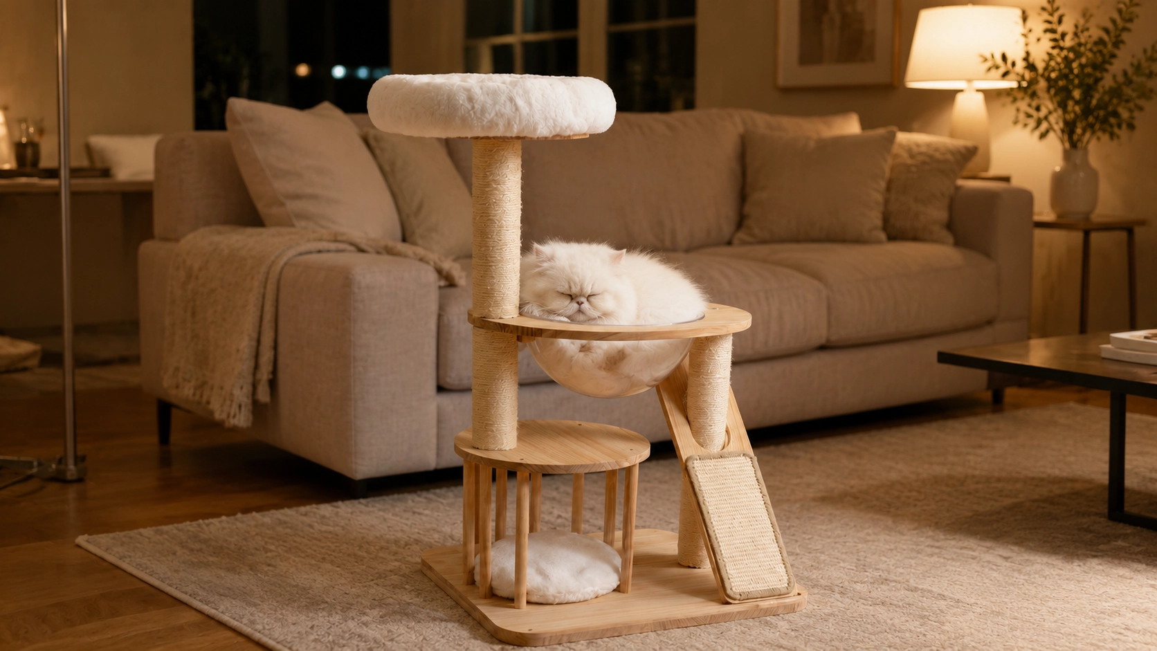 Rubberwood Cat Tree with Sisal Rope & Plush Perches · Warm Oak Brown · GuardLynx