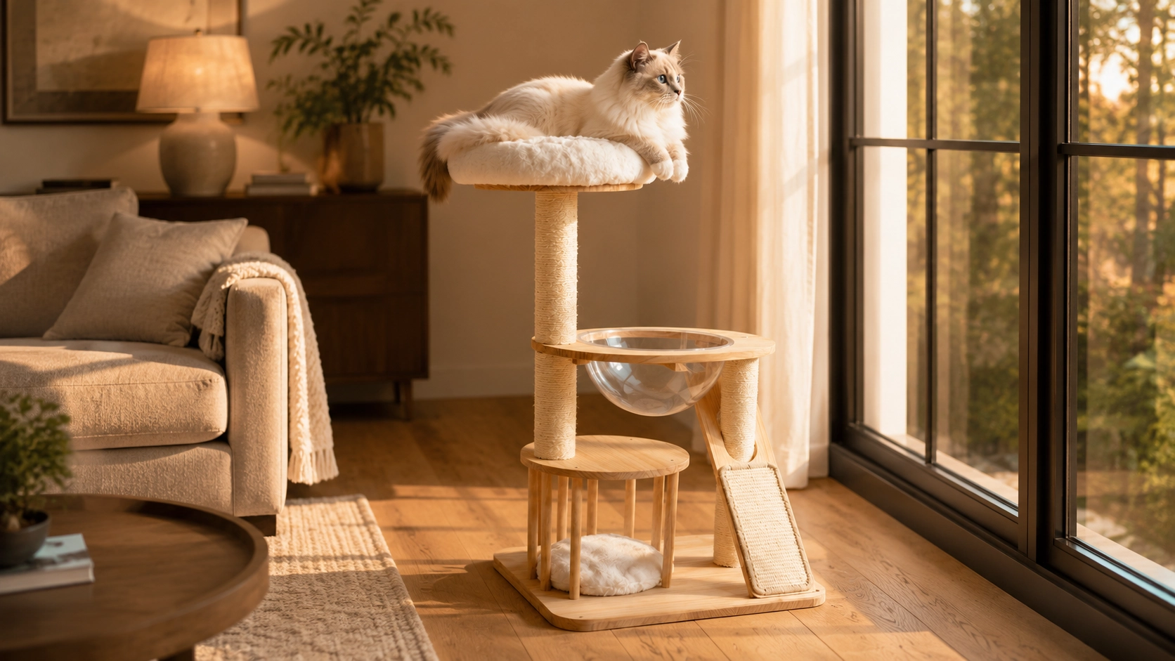 Rubberwood Cat Tree with Sisal Rope & Plush Perches · Morning Serenity · GuardLynx