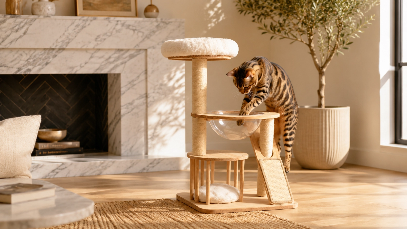 Rubberwood Cat Tree with Sisal Rope & Plush Perches · Playful Afternoon · GuardLynx