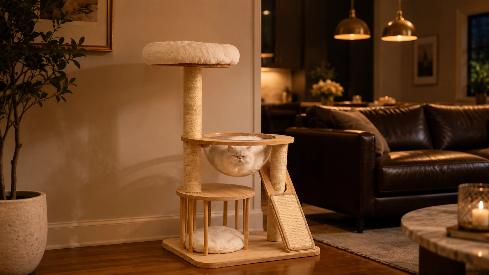 Rubberwood Cat Tree with Sisal Rope & Plush Perches · Evening Coziness · GuardLynx