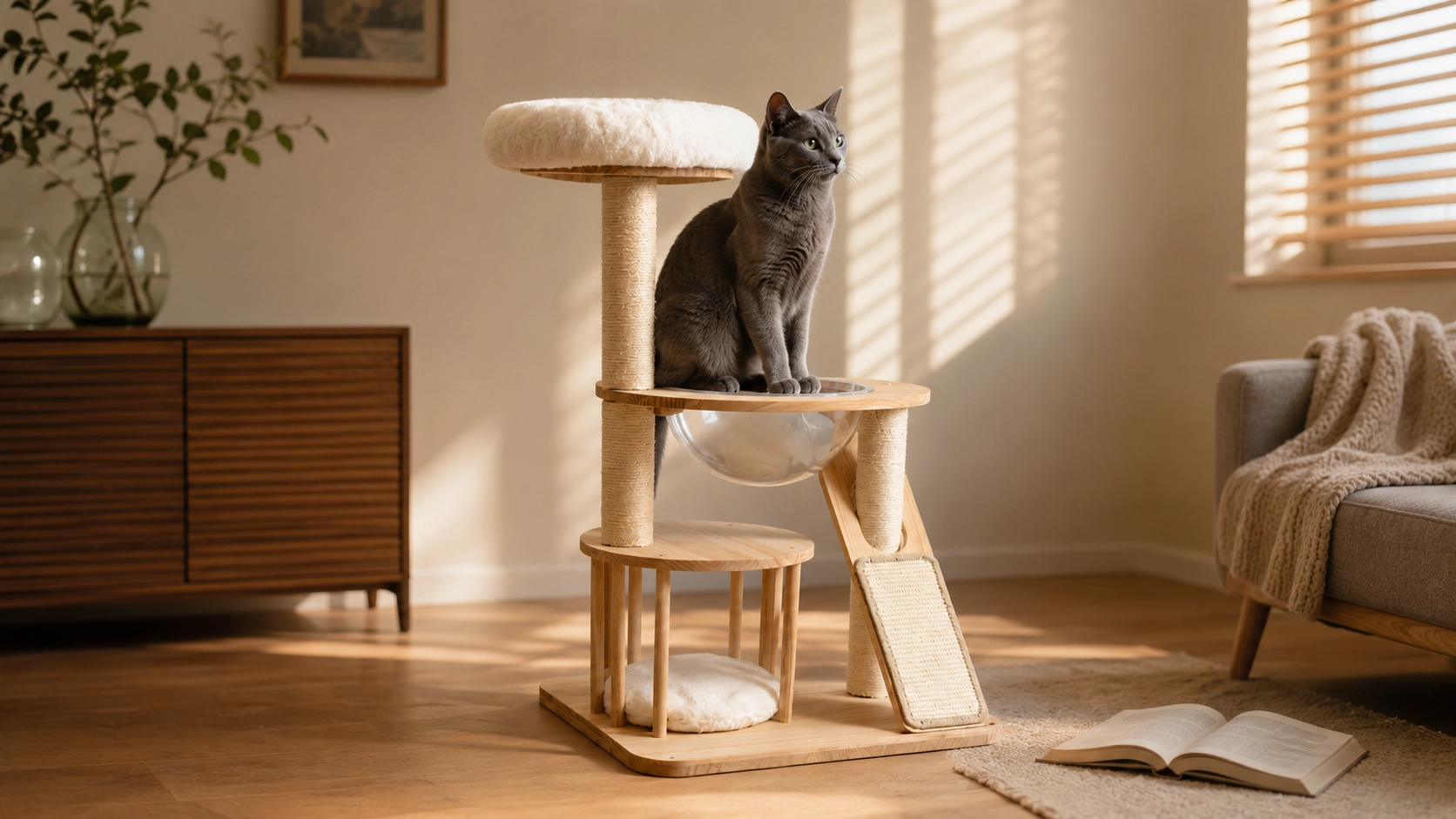 Rubberwood Cat Tree with Sisal Rope & Plush Perches · Reading Corner Retreat · GuardLynx