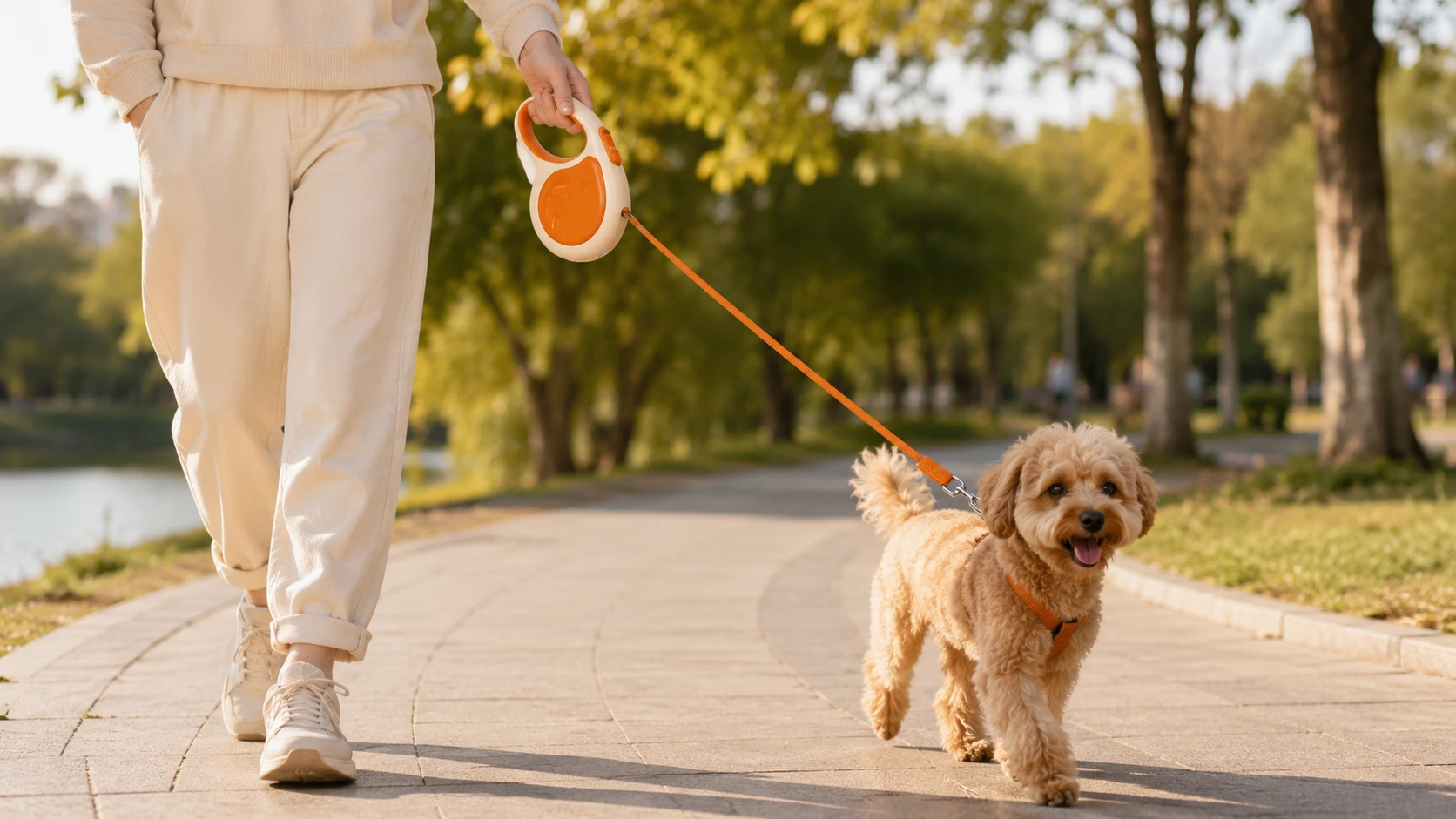 WhaleFlex Retractable Dog Leash with LED Light · Golden Hour Garden Walk · GuardHound DOG