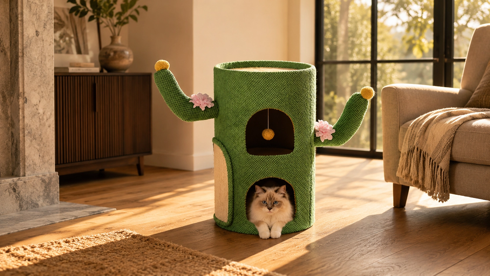 Cactus Sisal Cat Cave Scratcher · Morning Light in Living Room · GuardLynx