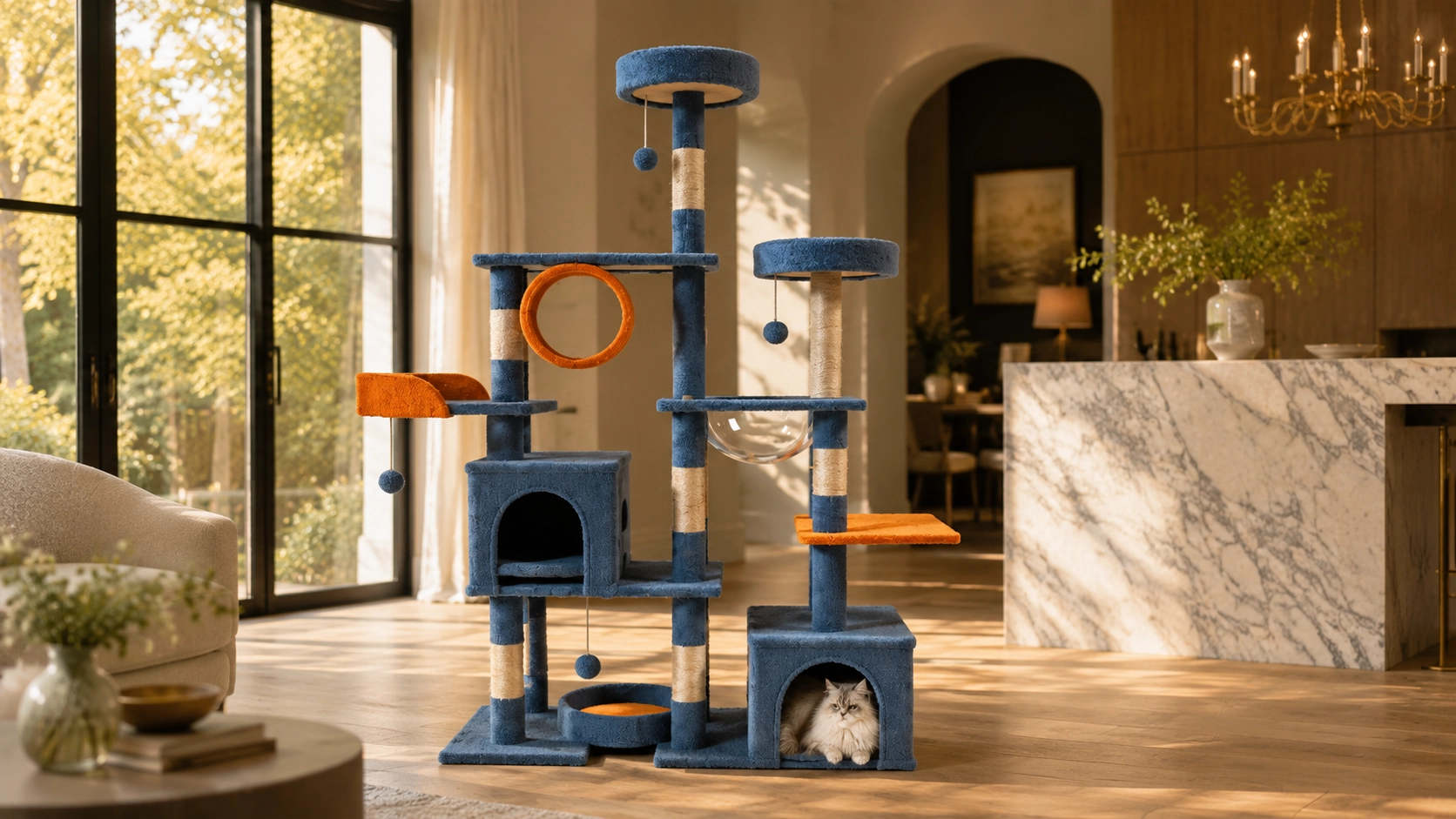 Grand Castle Cat Tree Tower · Midnight Blue Velvet · GuardLynx