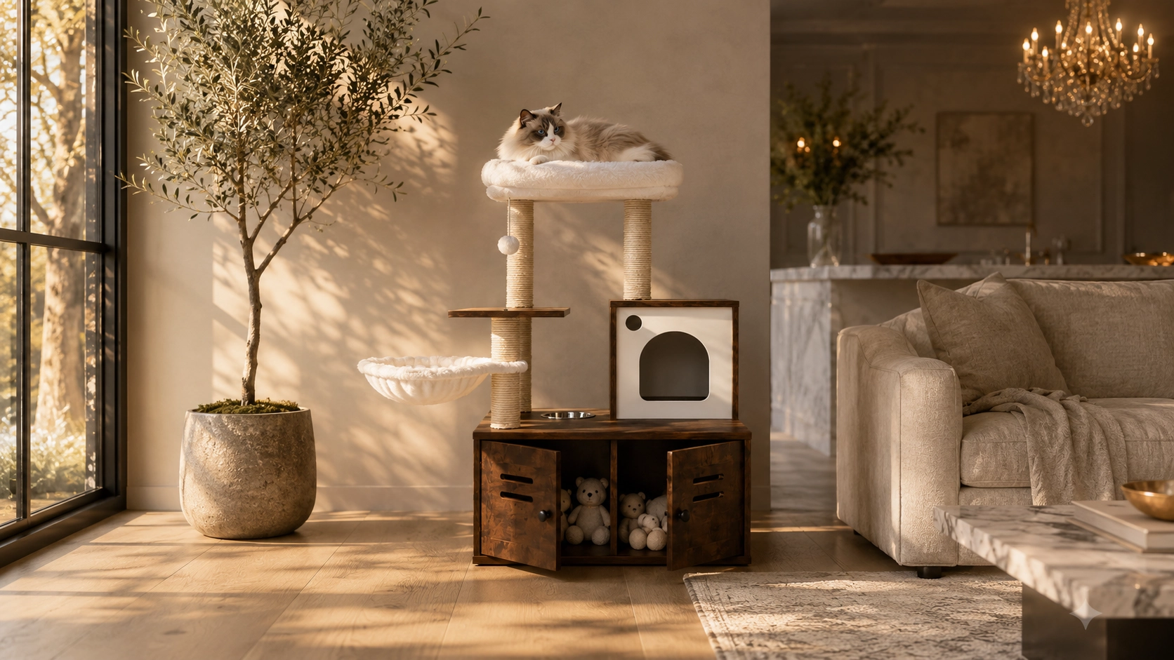 Solid Wood Cat Tree with Storage Cabinet · GuardLynx