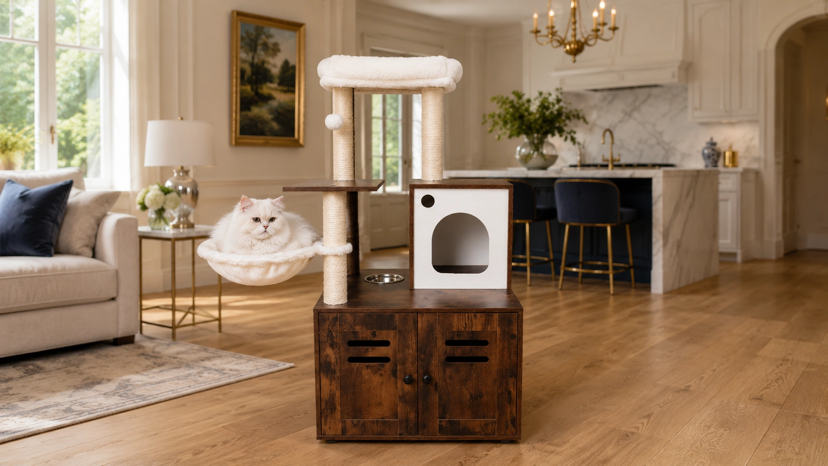 Solid Wood Cat Tree with Storage Cabinet · Solid Wood Construction · GuardLynx