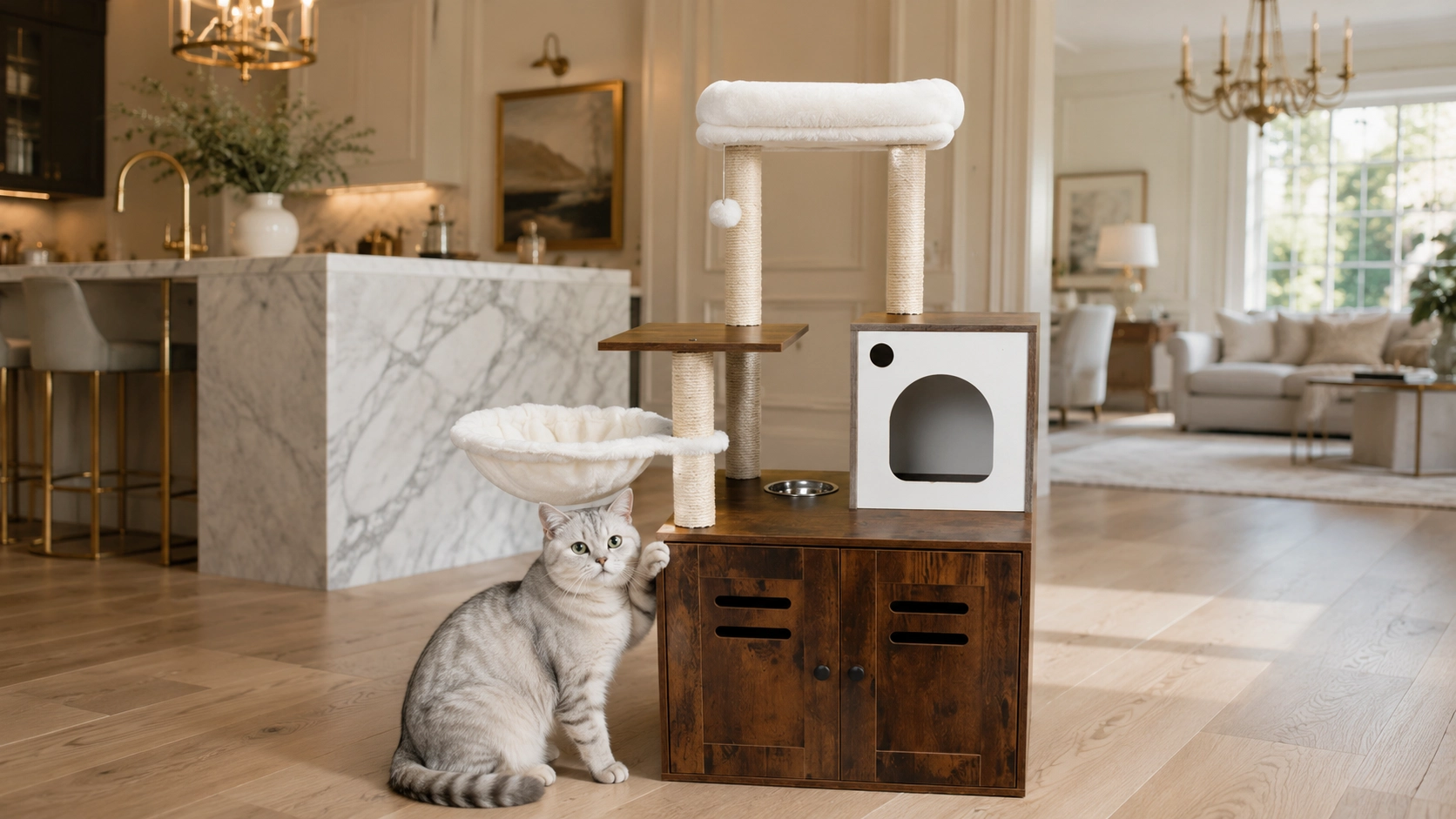 Solid Wood Cat Tree with Storage Cabinet · Ample Storage Space · GuardLynx