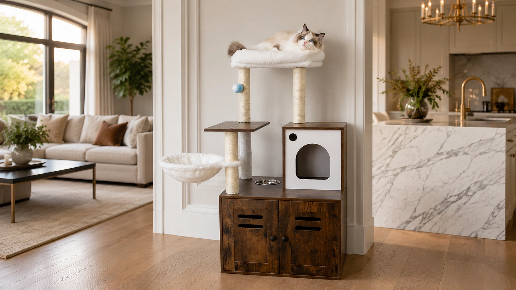 Solid Wood Cat Tree with Storage Cabinet · Smart LED Sensor Light · GuardLynx