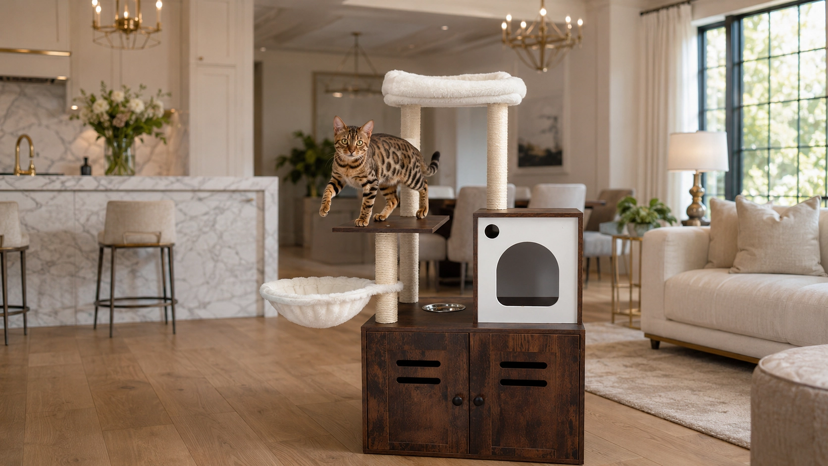 Solid Wood Cat Tree with Storage Cabinet · Space-Saving Integrated Design · GuardLynx