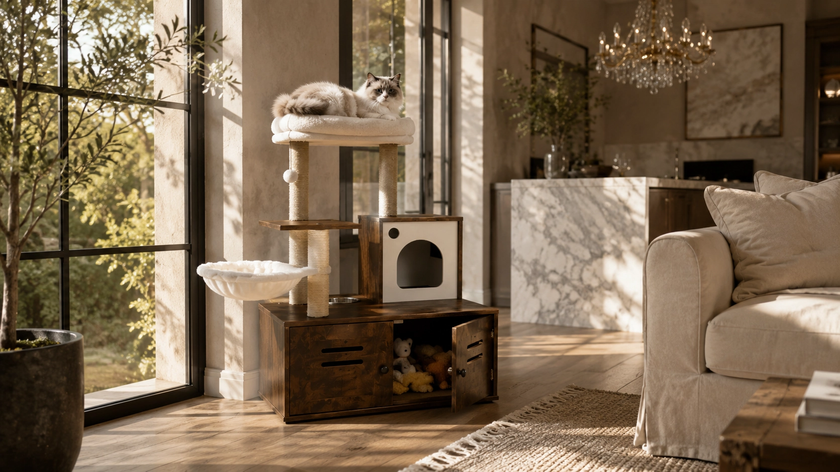 Solid Wood Cat Tree with Storage Cabinet · Dark Walnut · GuardLynx