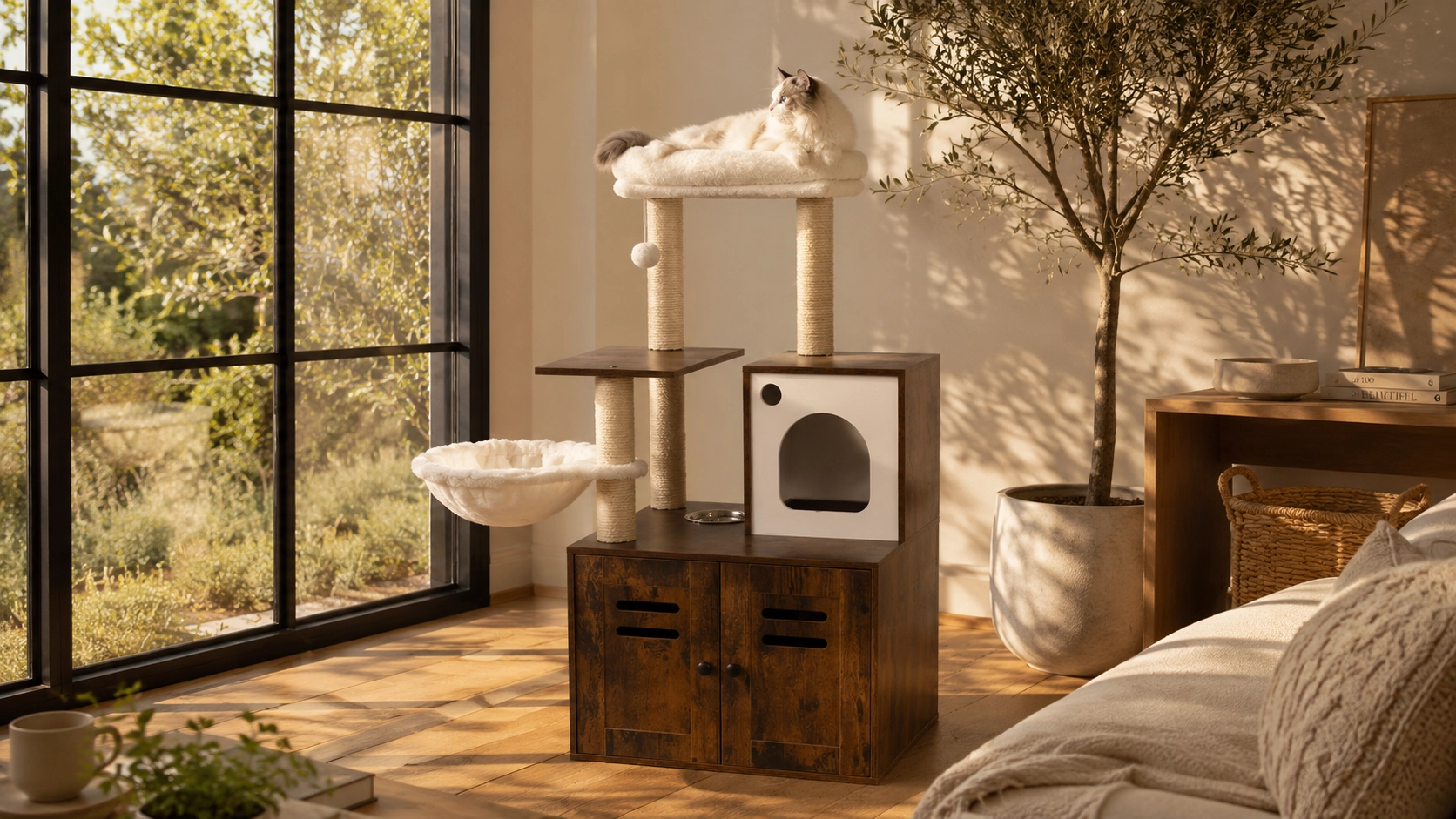 Solid Wood Cat Tree with Storage Cabinet · Morning Sunroom Retreat · GuardLynx