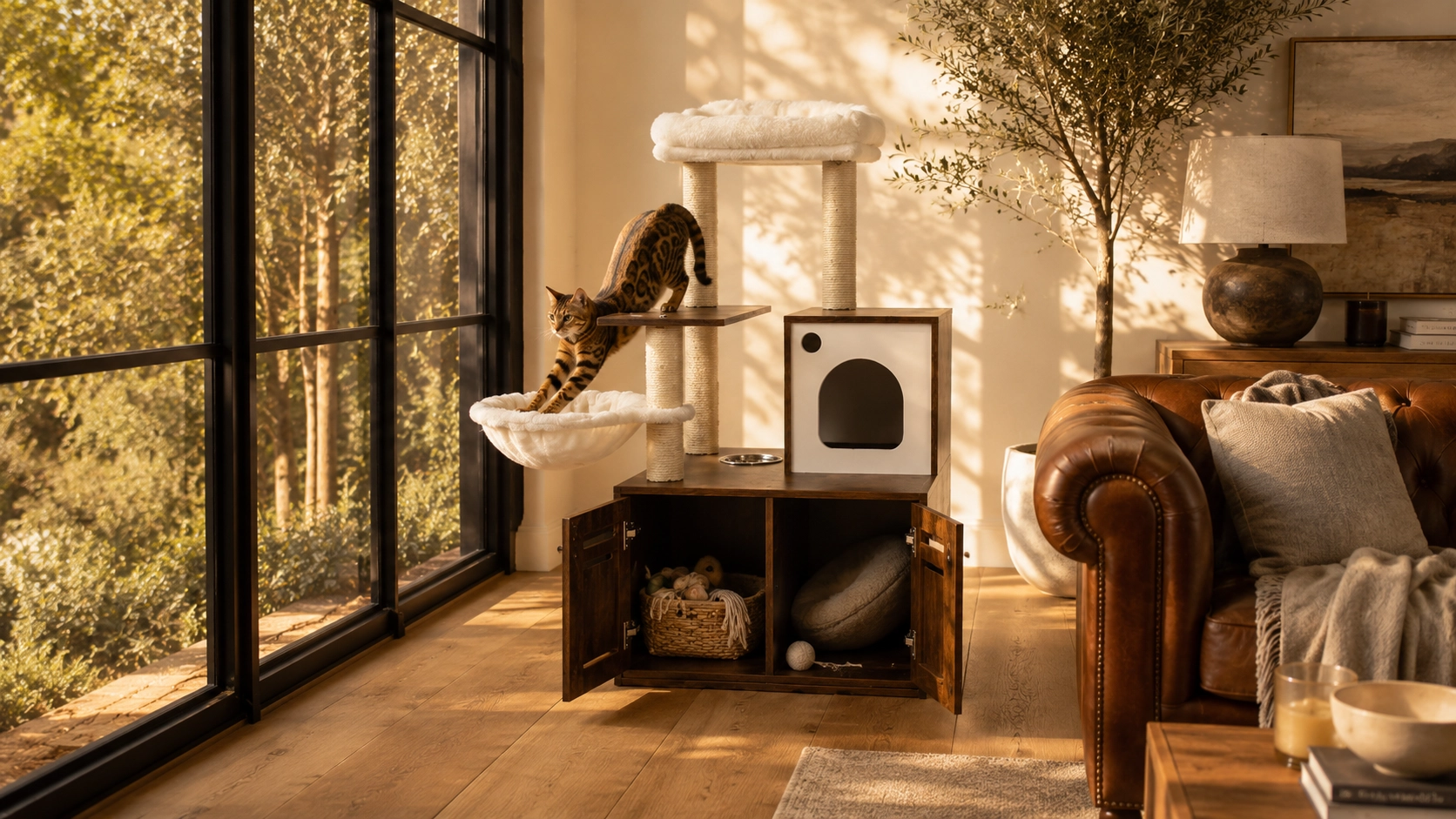 Solid Wood Cat Tree with Storage Cabinet · Afternoon Living Room Action · GuardLynx