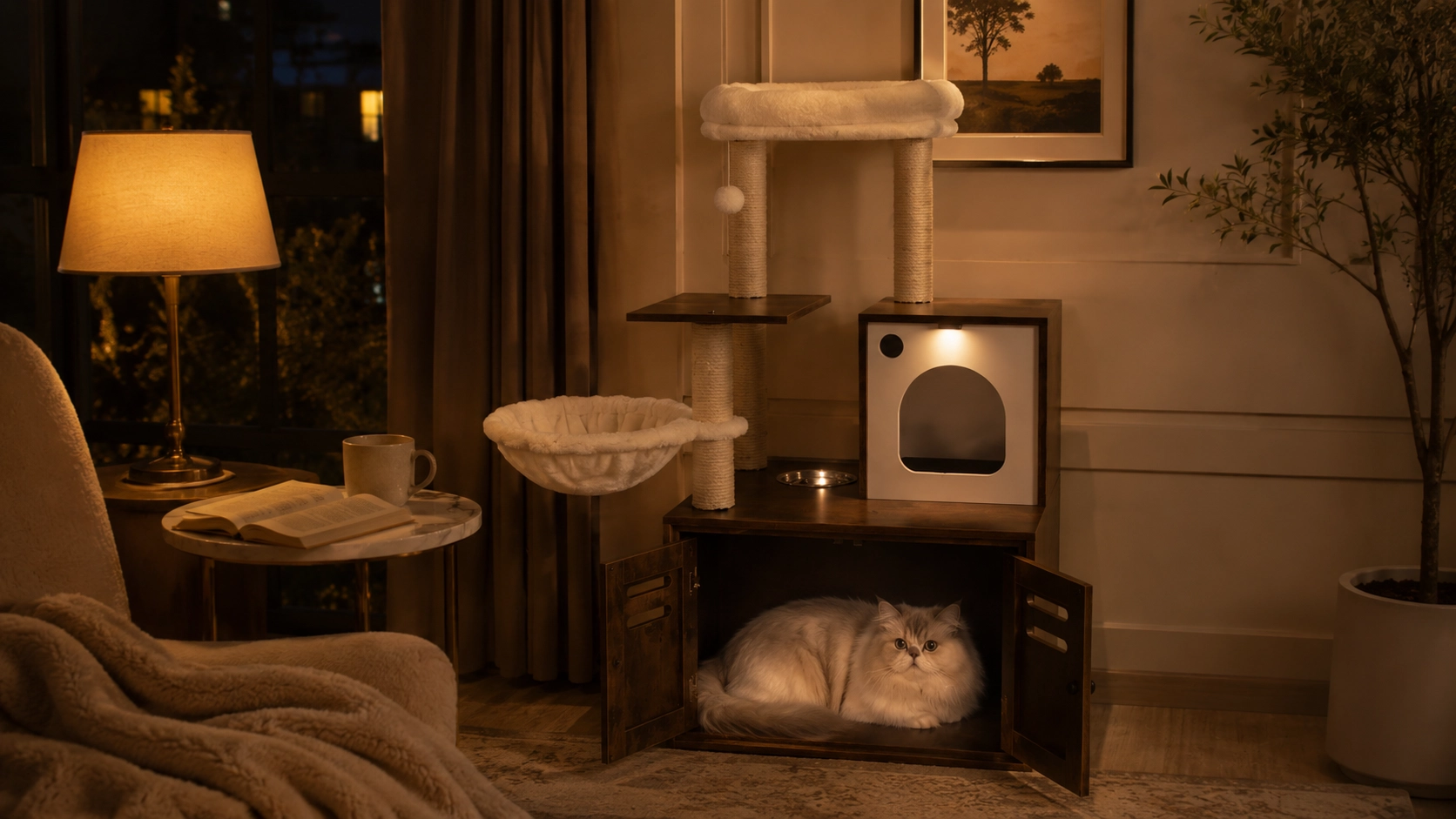 Solid Wood Cat Tree with Storage Cabinet · Cozy Evening Reading Nook · GuardLynx