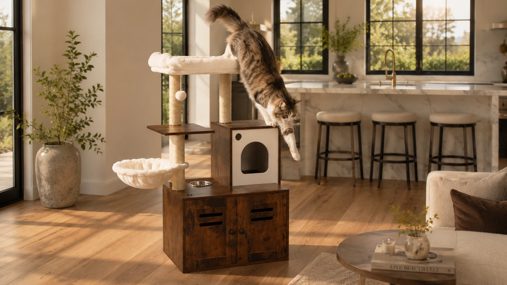 Solid Wood Cat Tree with Storage Cabinet · Kitchen Divider Solution · GuardLynx