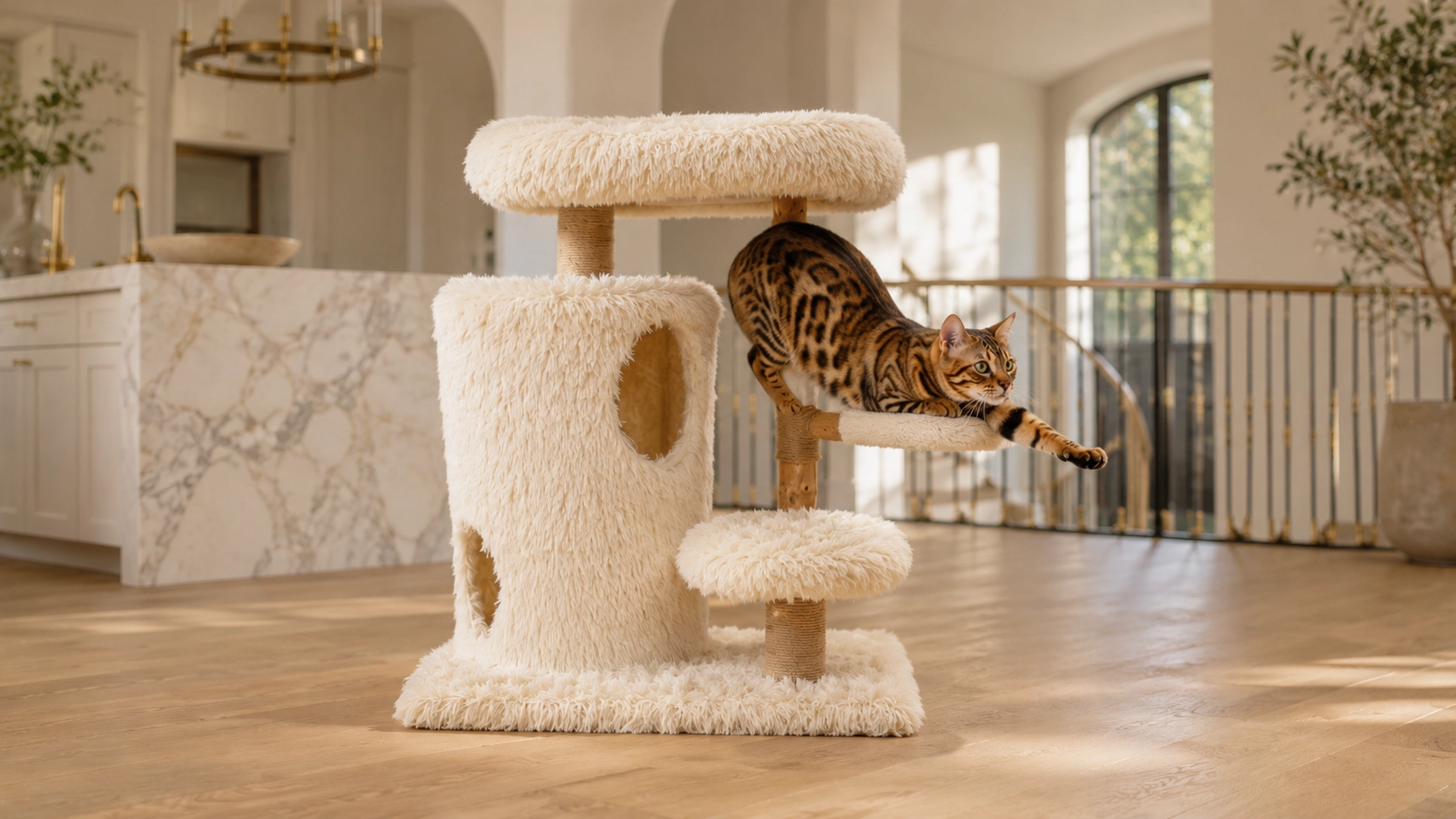 Fruitwood Double-Deck Cat Condo & Tree · Plush Cushioned Platform · GuardLynx