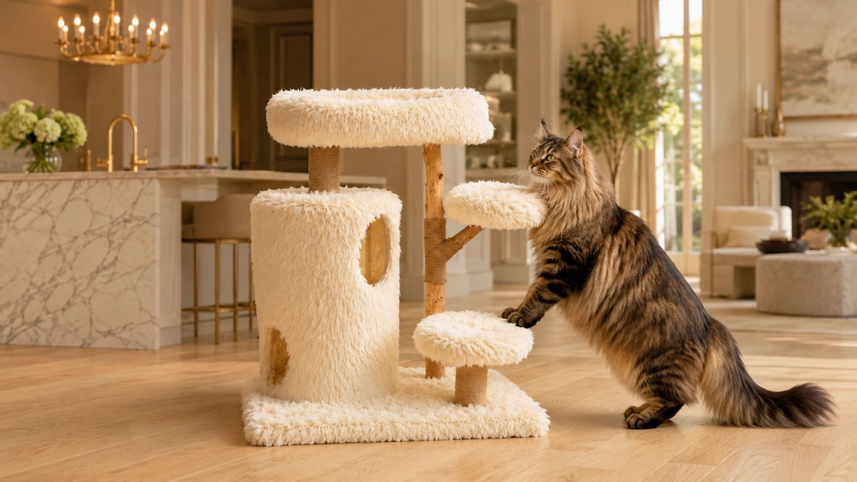 Fruitwood Double-Deck Cat Condo & Tree · Sisal Rope Posts · GuardLynx