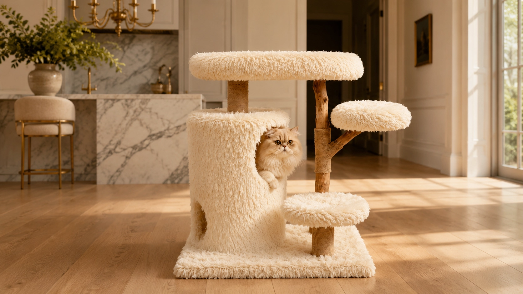 Fruitwood Double-Deck Cat Condo & Tree · Warm Cream · GuardLynx