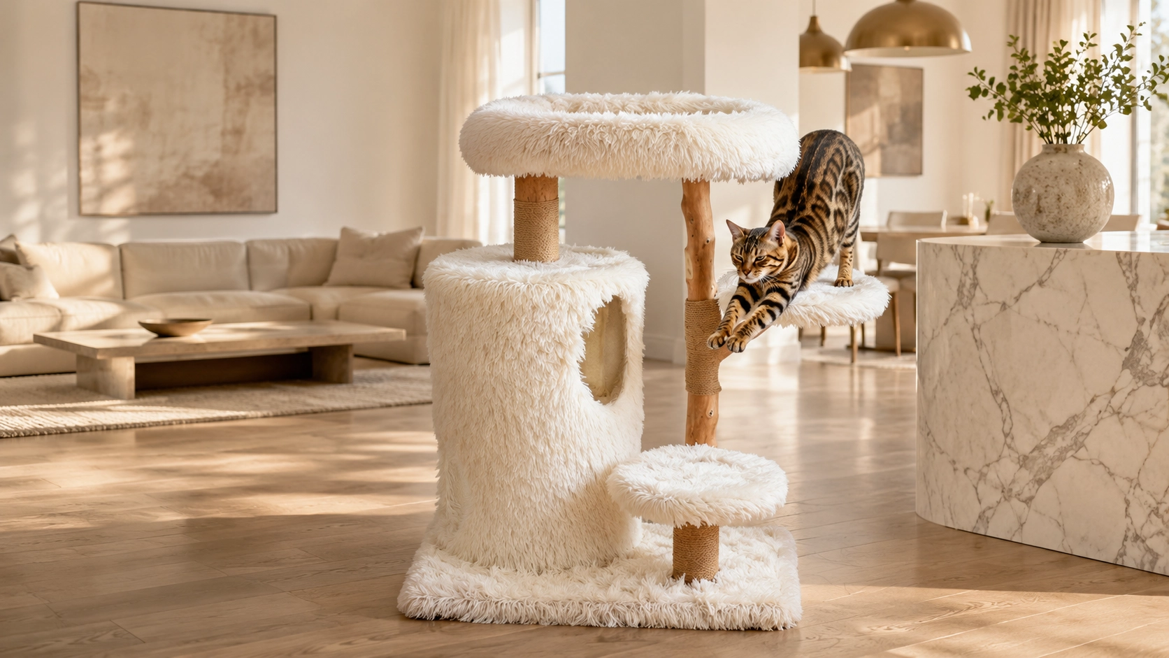 Fruitwood Double-Deck Cat Condo & Tree · Modern Living Room Playground · GuardLynx