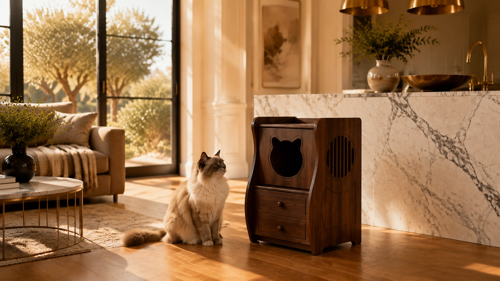Peacock Pine Nightstand Cat Bed for Humans & Pets · Cocoa Brown · GuardLynx