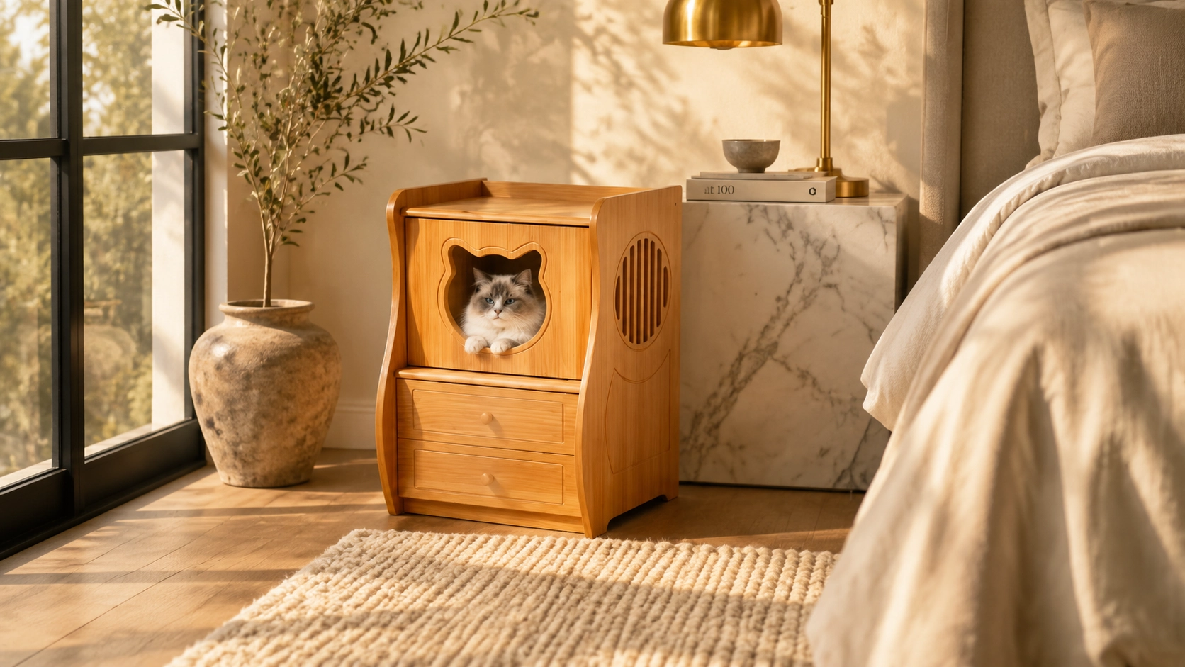 Peacock Pine Nightstand Cat Bed for Humans & Pets · Peacock Pine Wood · GuardLynx
