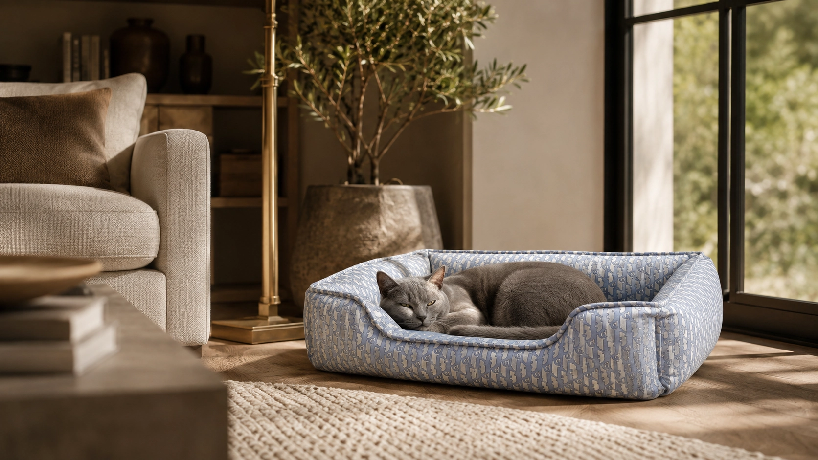 Stylish Leather Cat Bed with High Sides · Morning Mist Blue · GuardLynx