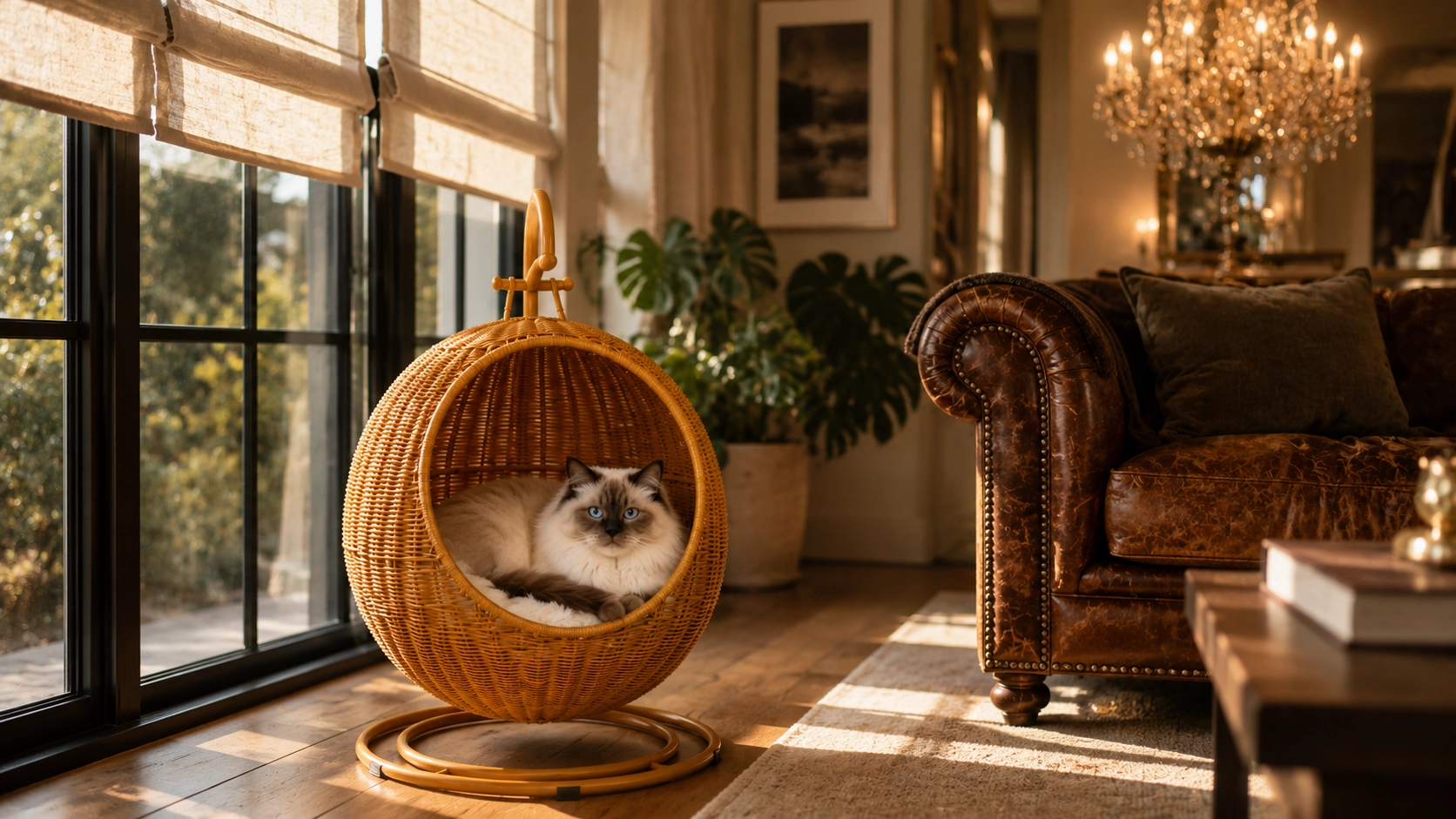 Handwoven Rattan Hanging Cat Bed · Caramel Rattan · GuardLynx