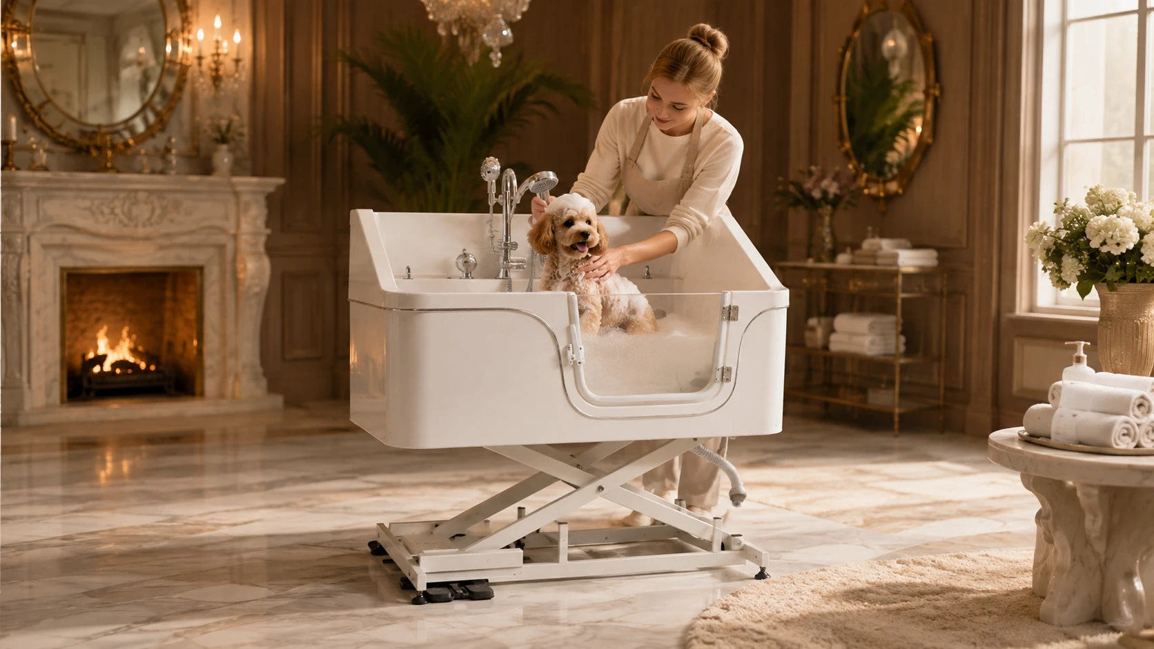 GuardHound Pet Spa Bubble Bath Tub · Cozy Evening Bonding · GuardHound DOG