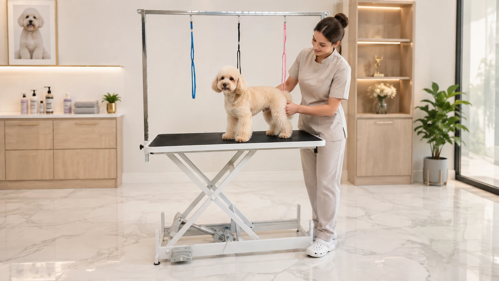 Electric Lift Pet Grooming Table with Remote · Morning Light in Professional Grooming Room · GuardHound DOG