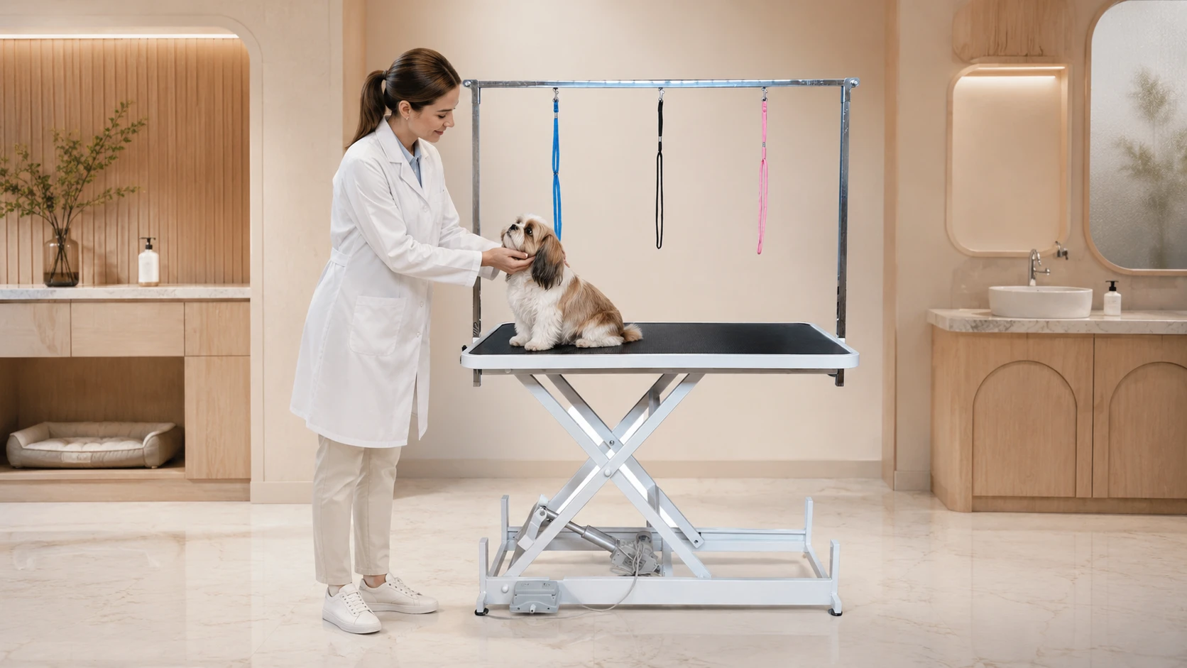 Electric Lift Pet Grooming Table with Remote · Afternoon Grooming Session in Living Room · GuardHound DOG