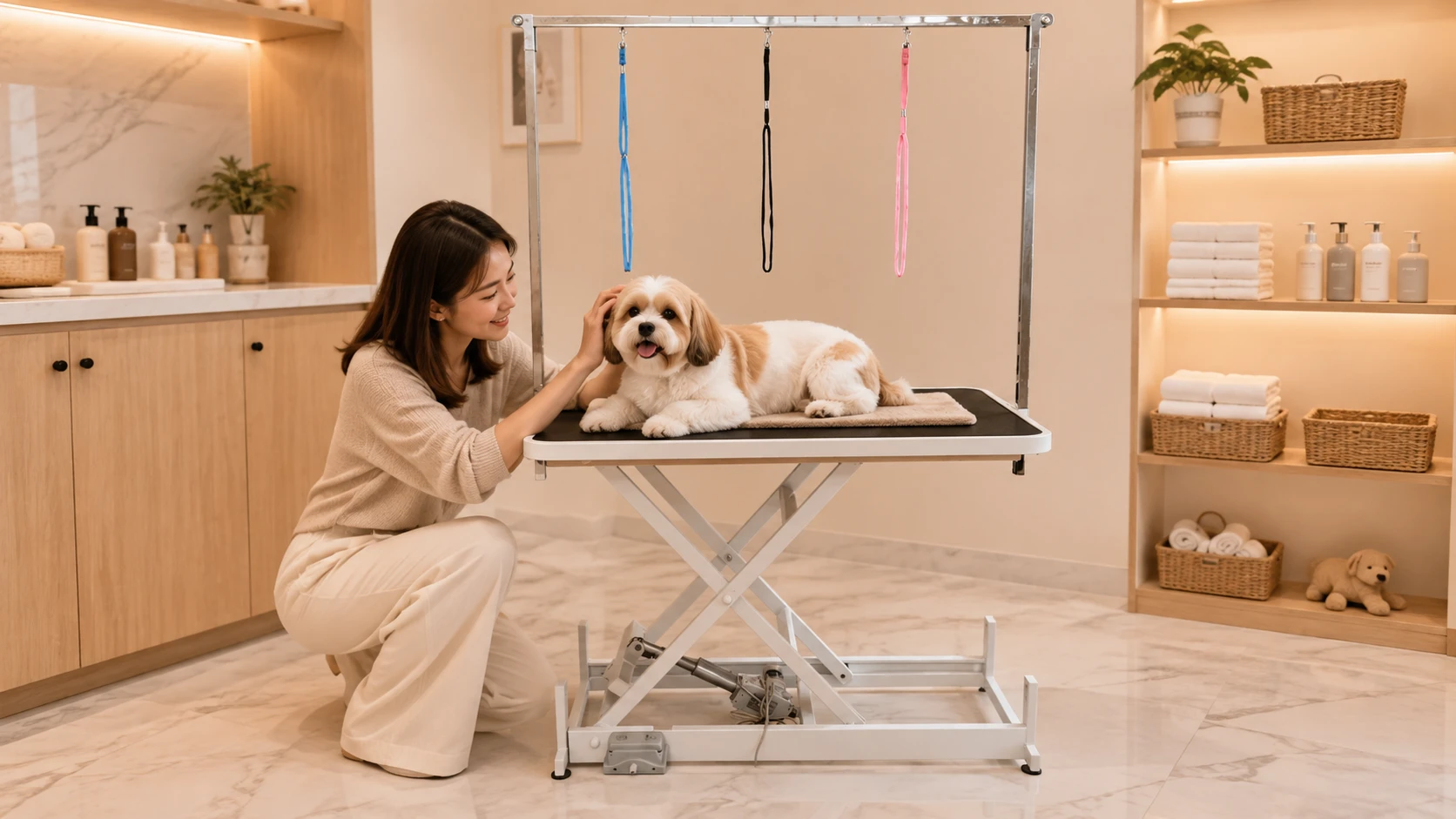 Electric Lift Pet Grooming Table with Remote · Bath Prep at Dusk · GuardHound DOG