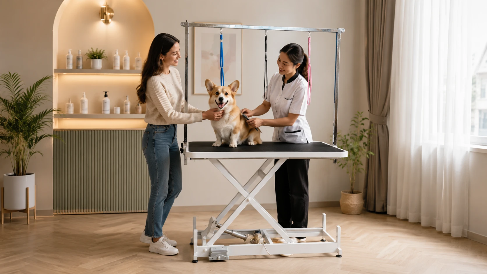 Electric Lift Pet Grooming Table with Remote · Nighttime Trimming Session · GuardHound DOG