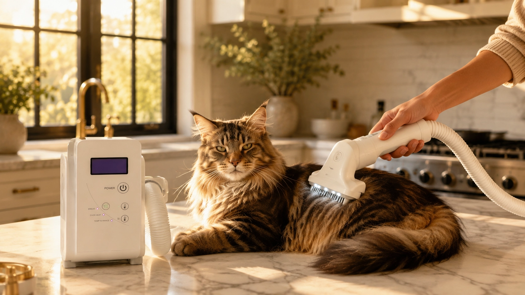 Smart Flea Comb with UV Sterilization · Morning Grooming with Maine Coon · GuardLynx
