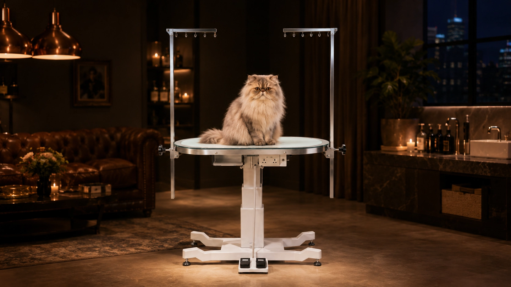 Luxury Lift Grooming Table with LED Light · Evening Cozy Grooming · GuardLynx
