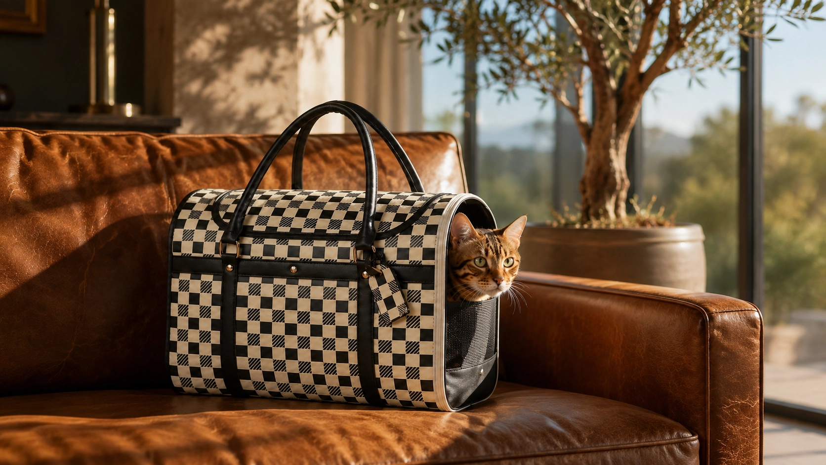Premium Leather Cat Carrier Handbag · Afternoon Serenity · GuardLynx