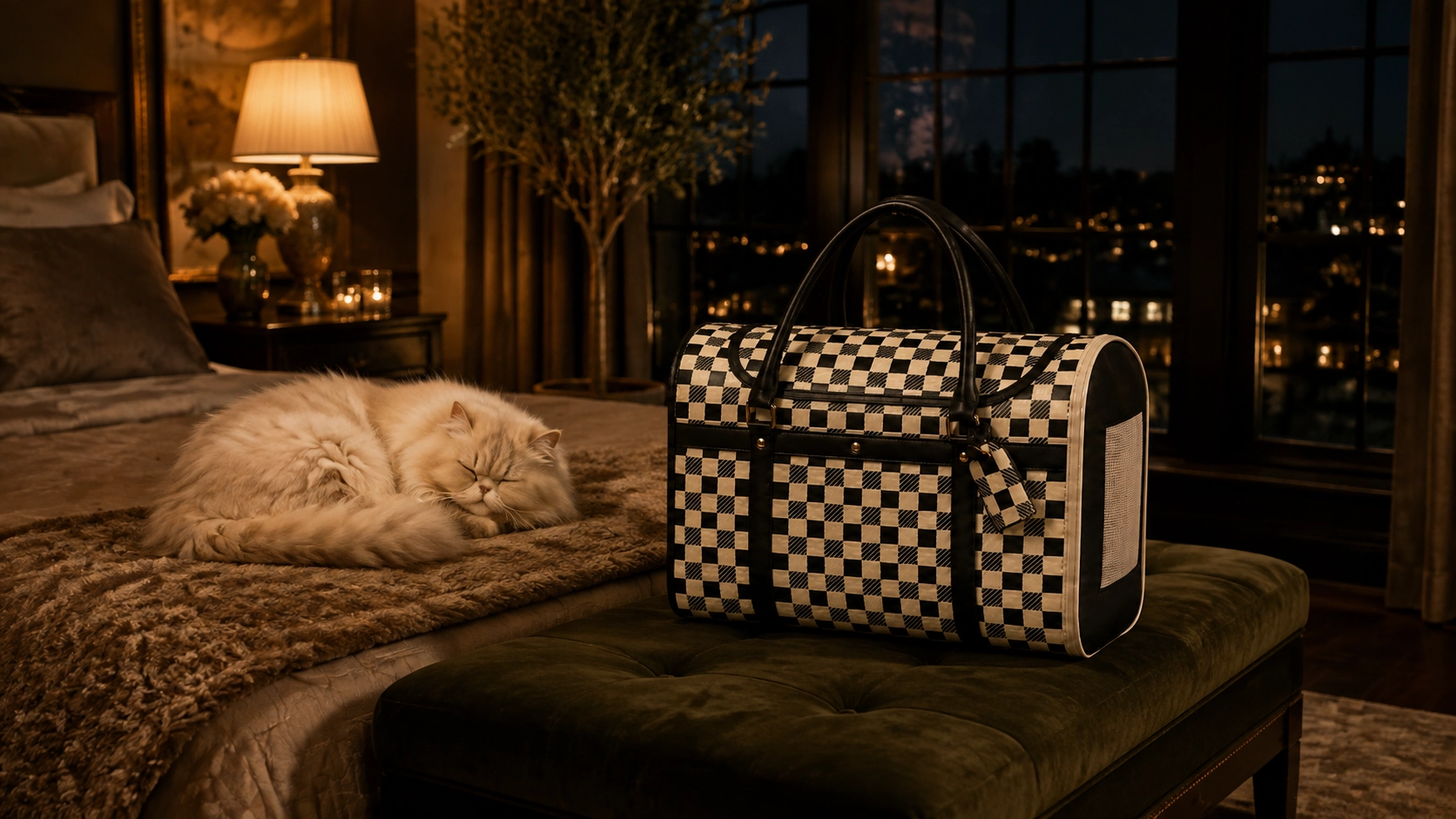 Premium Leather Cat Carrier Handbag · Nighttime Stillness · GuardLynx