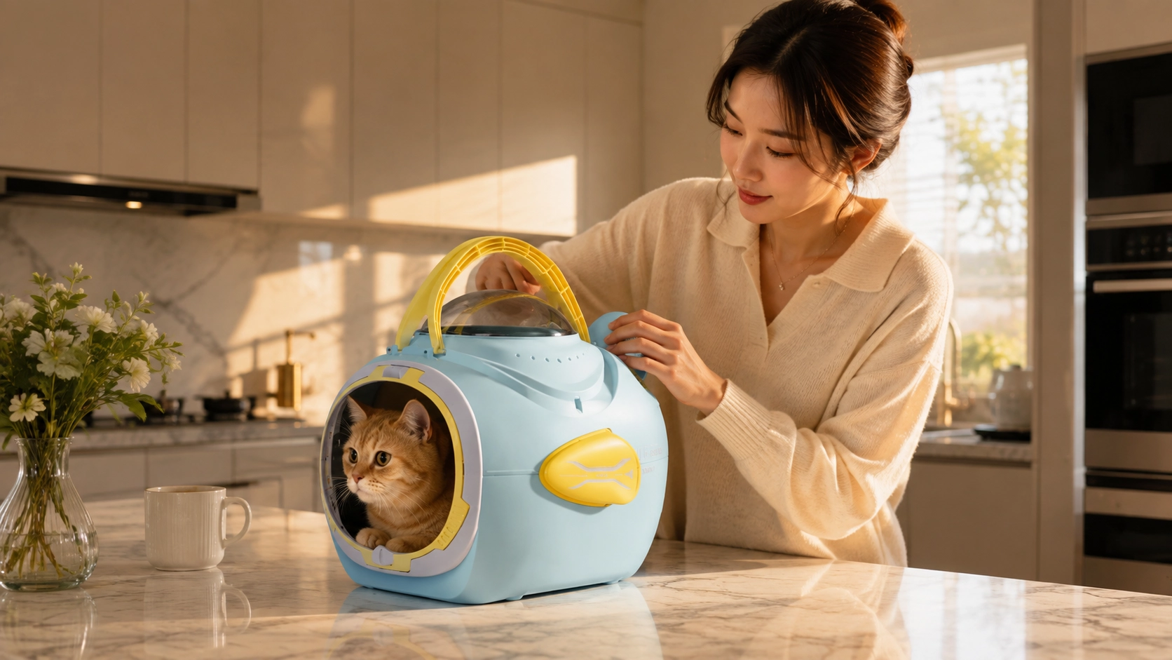 AeroLynx Aluminum Cat Backpack & Stroller · Morning Prep in Sunlit Kitchen · GuardLynx