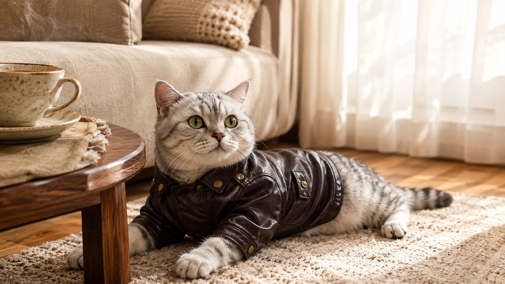 Rebel Rider Pet Leather Jacket · Cozy Living Room Afternoon · GuardLynx