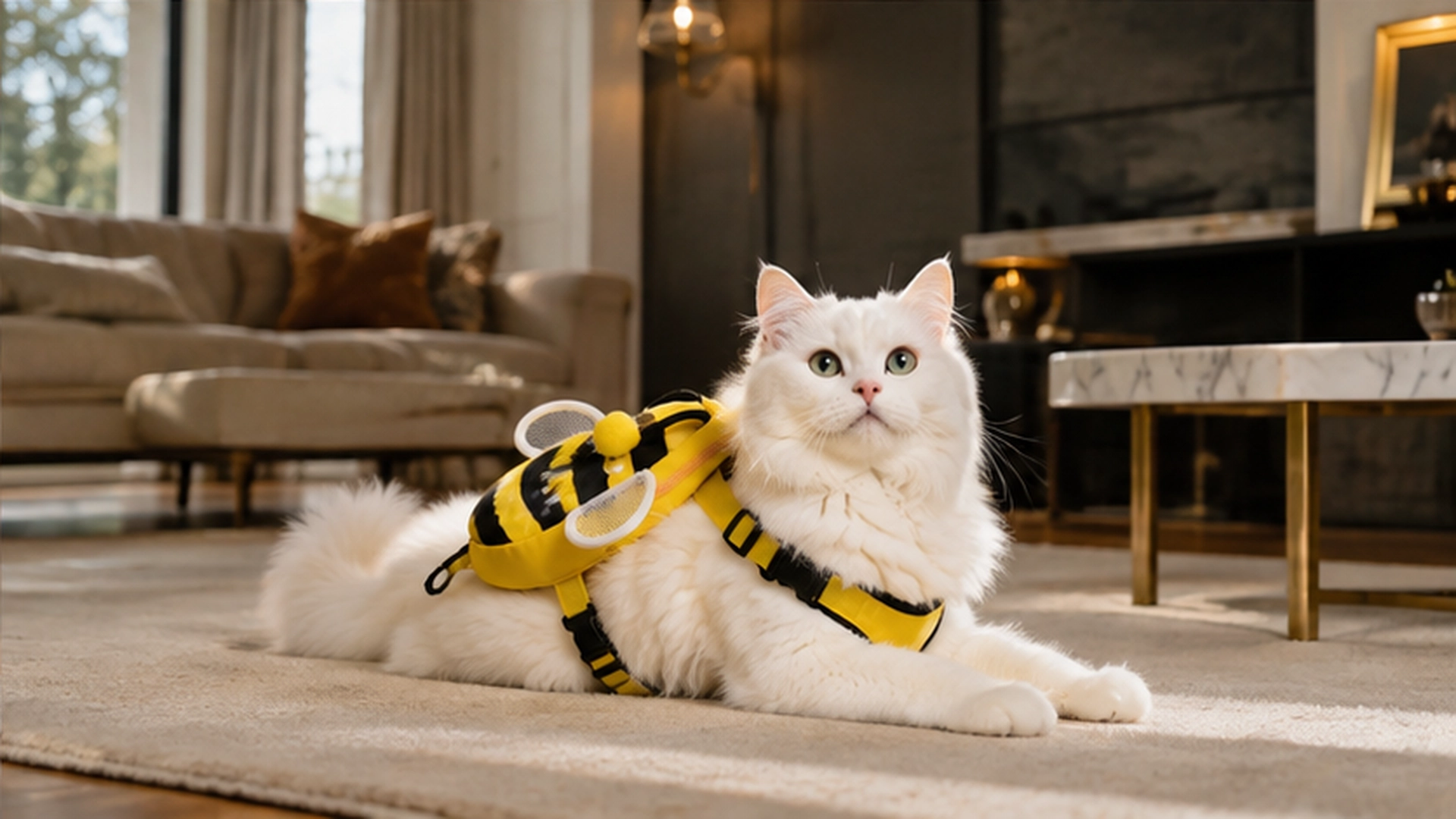 Little Bee Backpack Cat Harness with Leash · Indoor Living Room Play · GuardLynx