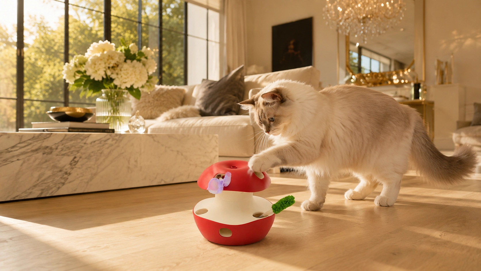 Apple-Shaped Interactive Cat Toy with Feathers · Multi-Exit Random Play · GuardLynx