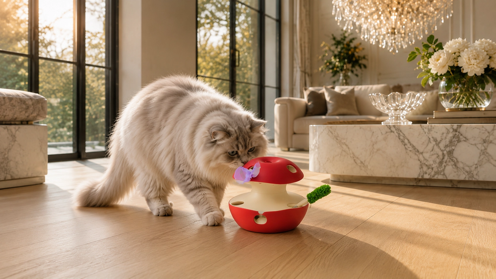 Apple-Shaped Interactive Cat Toy with Feathers · Curiosity-Driven Design · GuardLynx